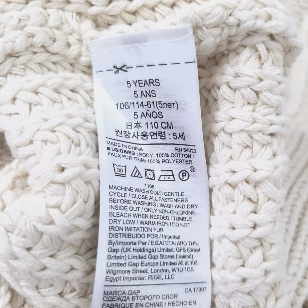 Gap Cableknit Sweater Size 5 Beige Oatmeal Cream Boys 100% Cotton, Sherpa Neck